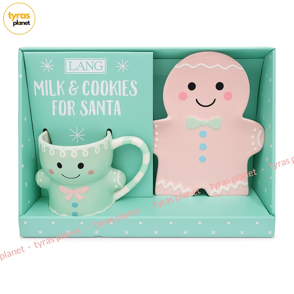 Lang Gingerbread Man Milk & Cookies CHRISTMAS Ceramic Serving Pink Plate & Mug